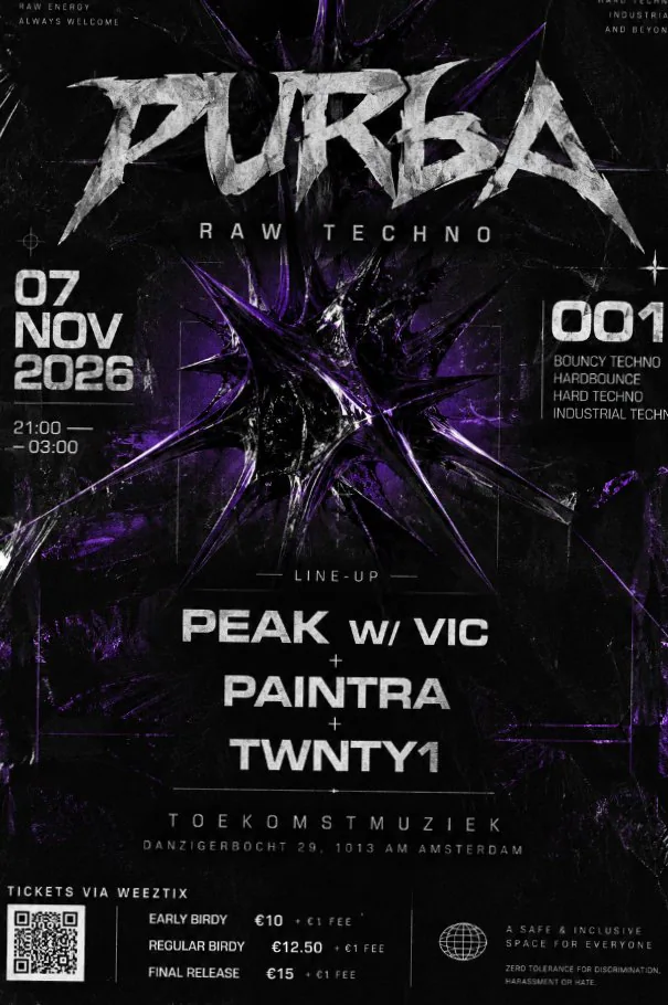 PURBA-001 — RAW TECHNO · Toekomstmuziek, Amsterdam · za 7 nov 2026