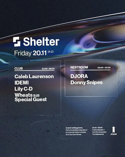 Shelter | Caleb Laurenson, Wheats b2b special guest & more · Shelter, Amsterdam · Fri, 20 Nov 2026