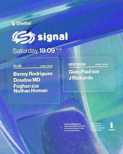 Shelter presents: Signal NYC | Benny Rodrigues, Doudou MD & more · Shelter, Amsterdam · za 19 sep 2026